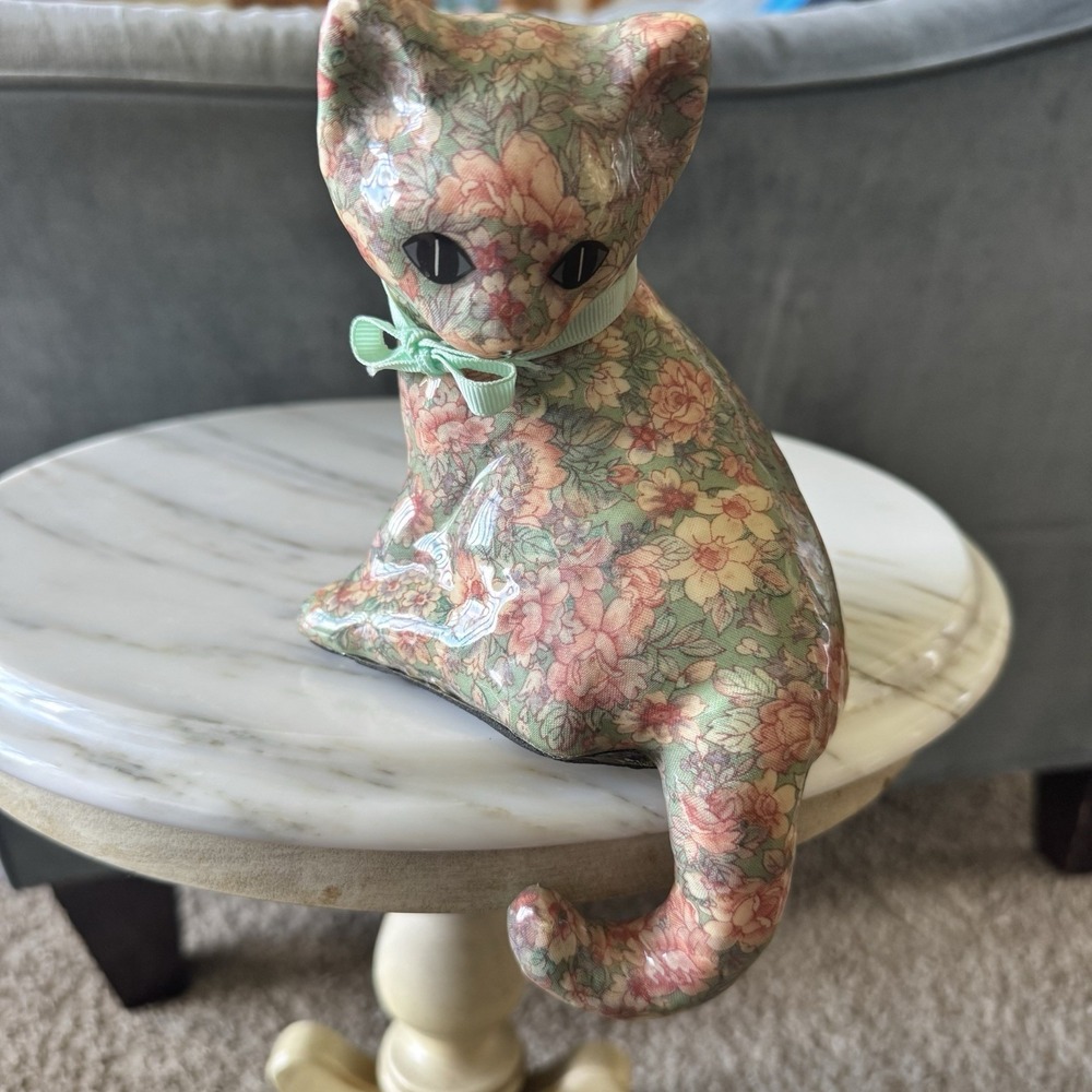 Vtg Decoupage Cat Floral Chintz Shelf Sitter San Francisco Music Box Co WORKS - Picture 2 of 8